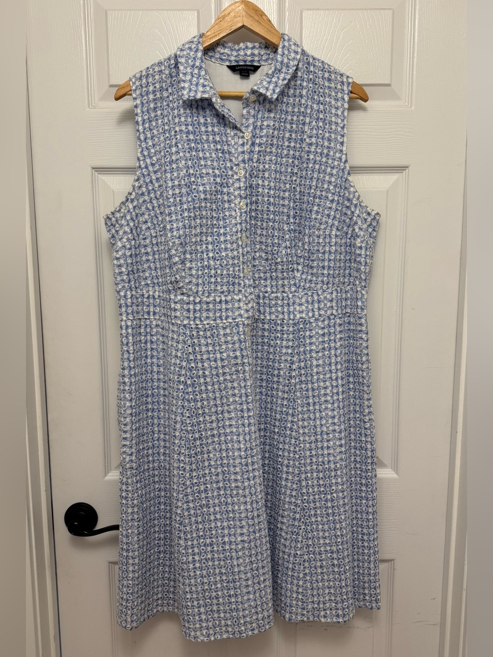 Lands' End Sleeveless Light Blue and White Collared Cotton Dress